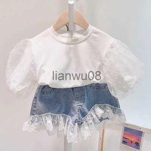 Kleding Sets Zomer Meisjes Kleding Sets Koreaanse Prinses Bubble Mouw Top Kant Stiksels Denim Shorts 2 STUKS Kinderen Baby Kinderkleding Pak x0803