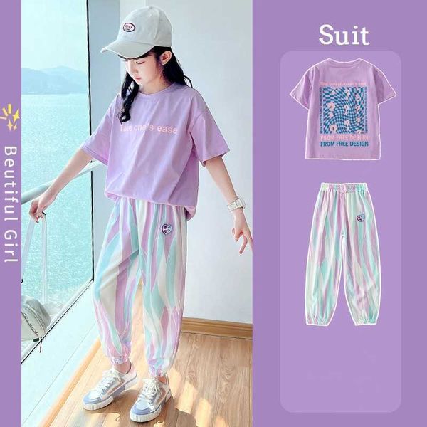 Ensembles de vêtements Summer Girls Coton Lavande T-shirt Tops + Stripes colorées Set School Enfants Survêtement Enfant Outfit Jogging Costume 5-16 ans