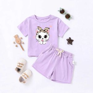 Kledingsets Zomermeisjes Leuke kattenprint T-shirt + Solid Color Casual Shorts Tweedelige kinderkinderen Casual korte mouwen Shorts Setl2405