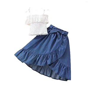 Kledingsets Zomermeisjes Leuke set baby geborduurde mouwt top kanten denim rok geschikt voor kinderen pre -Emie Twin Girl -kleding