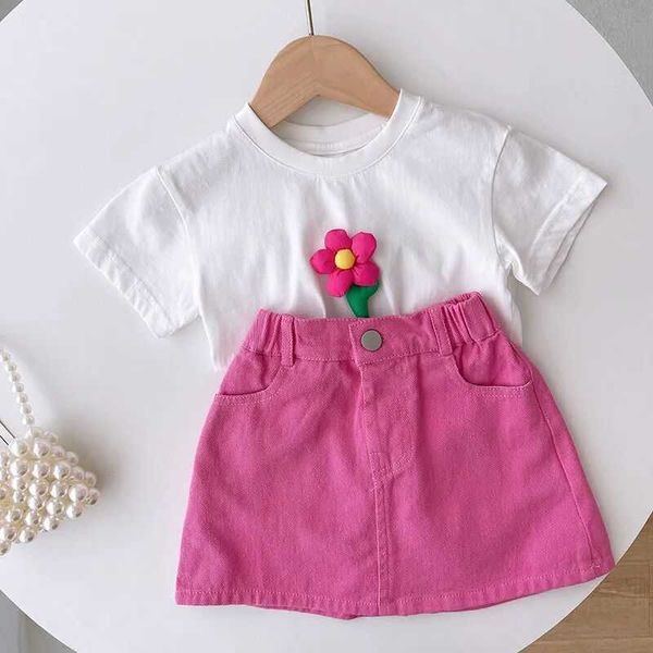 Ensembles de vêtements d'été pour filles, T-shirt à manches courtes en coton à fleurs, demi-jupe Rose, ensemble de vêtements pour bébés, nouvelle collection