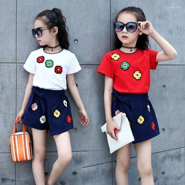 Ensembles de vêtements Summer Girls Set Broidered Cotton Shorts T-shirt Girl Two Piece Suit Fashion Flower Jirt 2 à 4 5 6 7 8 9 10 11 12 ans