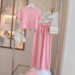 Kledingsets Zomer Meisjes Topset met korte mouwen Kinderen Dun T-shirt Casual Wijde pijpen Broek Tweedelig Kinderen Zoet Modepak 4-12Y