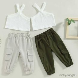 Ensembles de vêtements été filles couleur unie côtelé sans manches et Stretch pantalon Cargo décontracté bébé vêtements enfants enfants tenues