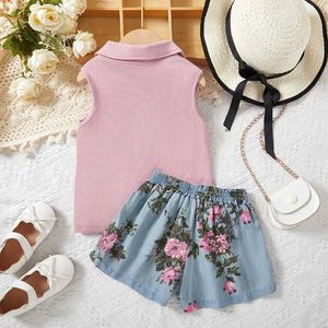 Kledingsets zomermeisjes pakken mouwloos revershemd+denim shorts mode kinderen casual kleding tweedelig sets babymeisjes outfit set 2-7y