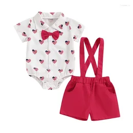 Kleding Sets Summer Independence Day Toddler Boy Gentleman Outfit Hartafdrukknop Romper Bow Tie en Suspender Shorts Set