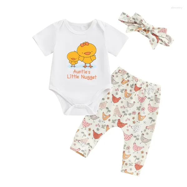 Conjuntos de ropa de verano para bebé, niño y niña, mameluco de manga corta con estampado, pantalones de flores con cintura elástica, conjunto de ropa con diadema