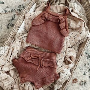 Ensembles de vêtements d'été pour bébés garçons filles vêtements tricotés pull sans manches gilet hauts volants shorts tout-petit né coton tenues décontractées 230313