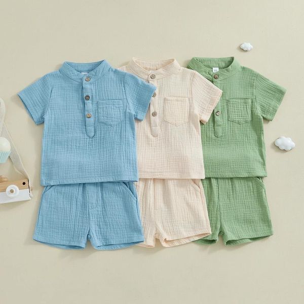 Conjuntos de ropa de verano para bebés, ropa de lino, traje, pantalones cortos para niños pequeños, camisetas con botones de manga corta, camisas sólidas