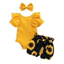 Vêtements Ensembles de vêtements pour bébé bébé Été Set à manches courtes Couleur continue Ruffled Rouper Sunflower Print Shorts Band Band