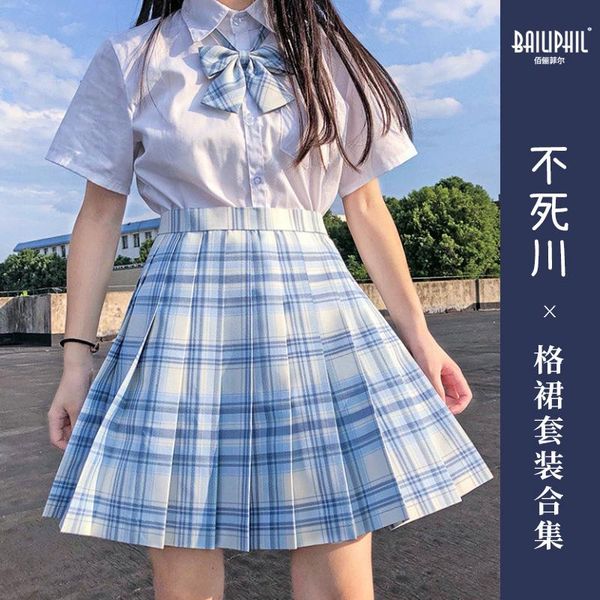 Conjuntos de ropa Uniforme escolar japonés de verano Blusa Falda plisada Corbata Conjunto completo Mujeres 10 colores Estudiante coreano JK Seifuku Kawaii Falda a cuadros