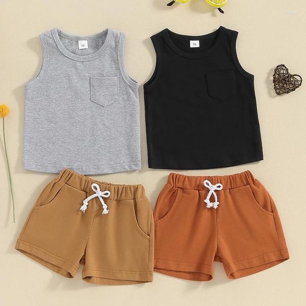 Vêtements Ensembles d'été pour enfants bébé vêtements de poche massif sans manches o-cou chars en coton tops shorts de taille élastique