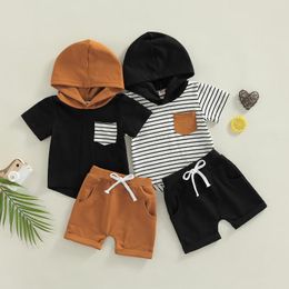 Ensembles de vêtements été enfants garçons tenues contraste couleur rayé à manches courtes à capuche hauts avec poches et shorts extensibles ensemble pour enfants