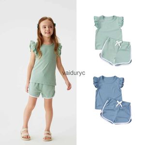 Ensembles de vêtements Summer Kids Sets 0-4y Small Small Sleeve Flying Solid Top + Elastic Wison Shorts 2pcs Set Girls Casual Conforting Clothing Cost H240429