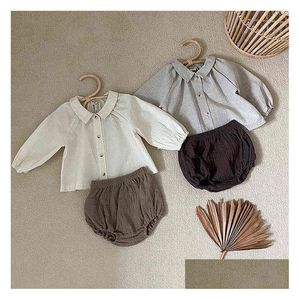 Ensembles de vêtements Été coréen mignon bébé garçons fille vêtements poupée chemise à revers à manches longues lanterne shorts costume enfants aa220316 drop del dhrab