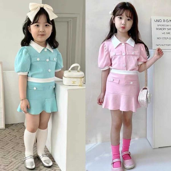 Комплекты одежды, летние корейские трикотажные костюмы с отложным воротником для девочек, юбки с короткими рукавами и лацканами, детская одежда, одежда для маленьких девочек