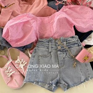 Kledingsets Summer Little Girls Children Twee 2 -delige roze topshorts denim babykleding kinderen verjaardag outfits voor vrouwen 230412