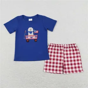 Ensembles de vêtements Match d'été Toddler Boy Girl Broidered Stars Flags Puppy Pouschette Blue Red Set Wholesale Boutique Children 4 juillet RTS