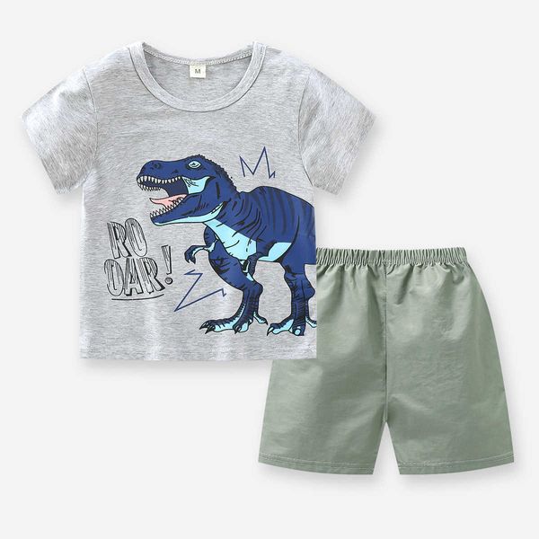 Conjuntos de ropa Verano Nueva tendencia Algodón Cuello redondo para niños Camiseta de manga corta Pantalones cortos Traje Dinosaurio de dibujos animados Bebé Niños Niñas Chándal