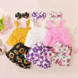 Ensembles de vêtements Summer NOUVELLE-BNAN BÉBÉS GIilles Ensemble 3pcs Sans manches Couleur solide Suspender Top + Shorts imprimés floraux + Ban à bande