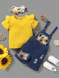 Kledingsets zomer pasgeboren baby babymeisjes kleren hoofdband shirt met korte mouwen jeans overalls mode babykleding y240520ffzj