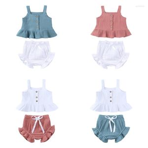 Kleding Sets Zomer Nieuwigheid Baby Meisjes Katoen Linnen Kleding Set Zuigeling Mouwloos Effen Verstoorde Zoom Tank Knop Tops Shorts 2 stuks Outfit