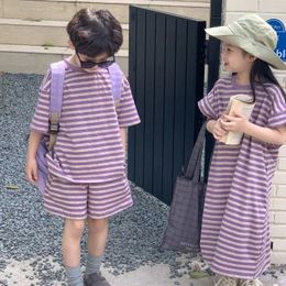 Clothing Sets Summer Purple Striped Dress Little Girls Children Set 2 Piece Top Shorts Baby Clothes Kids Birthday Outfits
