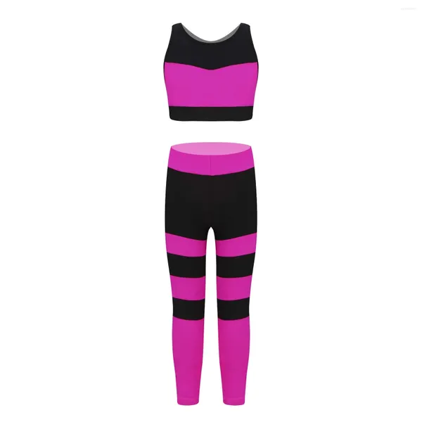 Ensembles de vêtements Costume de sport d'été Enfants Filles Tenues de course Entraînement Gym Porter des rayures décontractées Gilet court Tops et pantalons Ensemble de sport