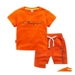 Ensembles de vêtements Costumes d'été 0-13 ans Garçons Filles Marque Lettre Imprimé 100% Coton Orange T-shirts Sport Shorts 2Pcs Enfants Comfor DH3C6