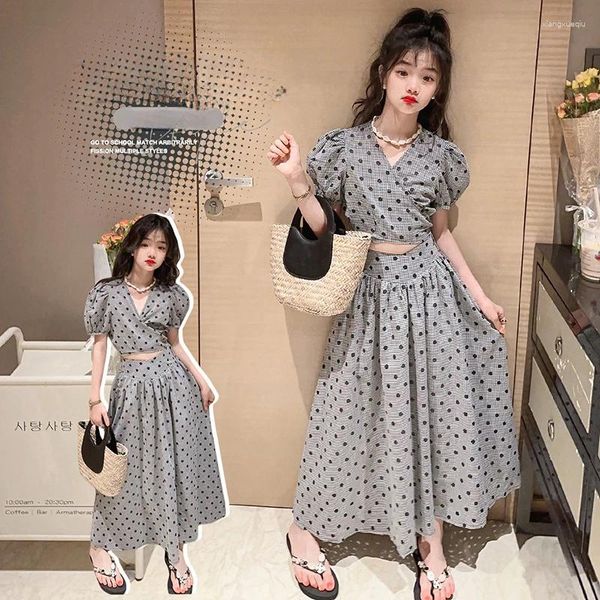 Ensembles de vêtements Summer Teen Girls Vêtements Set Vintage Celebrity Style Bubble Top Jupe longue 2pcs 4-15 enfants costume à pois tenue de mode