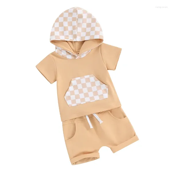 Conjuntos de ropa de verano para niños pequeños, ropa para bebés, tablero de ajedrez, manga corta, camiseta con capucha, pantalones cortos, conjunto informal