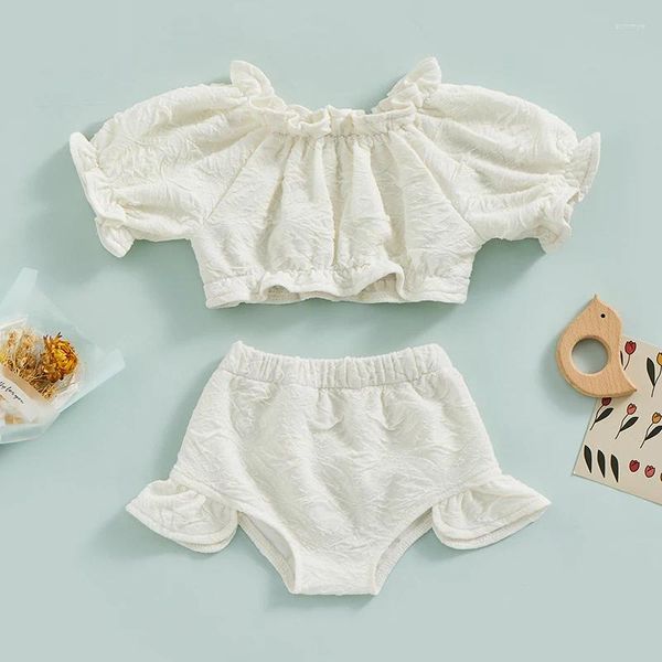 Conjuntos de ropa Verano para niños pequeños, 2 uds., ropa de lino con volantes, traje informal, pantalón corto con manga abombada, Tops cortos, conjunto de pantalones cortos para niños de 0 a 4 años