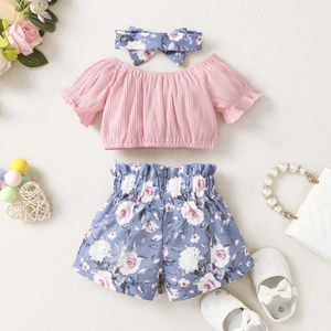 Kledingsets zomer peuter babymeisjes kleding roze top +boog print blauwe shorts 2pcs set baby mode kleding outfit
