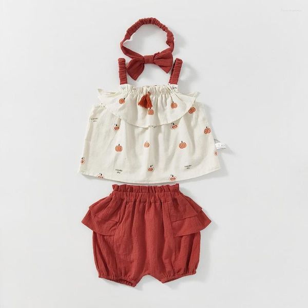 Conjuntos de ropa de verano para bebés y bebés, pantalones cortos rojos con cuello Halter, diadema para niñas, traje de 3 piezas, 6, 9, 12, 18, 24 meses, ropa OBS204003