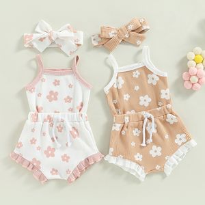 Kledingsets zomer peuter geboren babymeisjes kleren wafel met bloemenprint mouwloze bodysuitsruffes trekkoord shortsheadband 230522