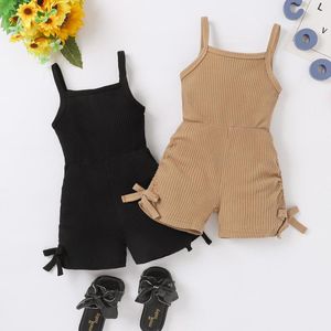 Kledingsets zomer peuter meisjes mouwloze jumpsuits vintage solide kleur bodysuits voor babymeisje 1-6 jaar kinderen casual bovenkleding kind