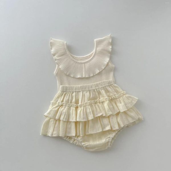 Vêtements d'été pour petites filles, ensemble de vêtements sans manches, à la mode, col à volants, haut sans dossier, short, 2 pièces, t-shirt côtelé pour bébé fille