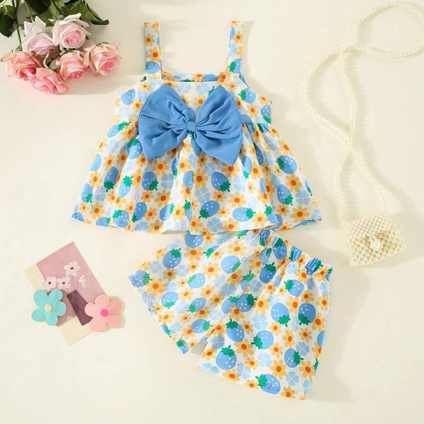 Sets de ropa Summer para niñas para niños pequeños sin mangas bowknot estampados de fresa shorts shorts atuendos de dos piezas para niños nacidos checke checke