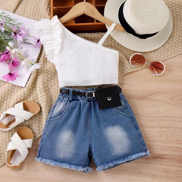 Kleidungssets Sommer Kleinkind Mädchen ärmellose einfarbige Rüschen Tops Denim Shorts Tasche dreiteilige Hip-Hop-Tanzkleidung Hose