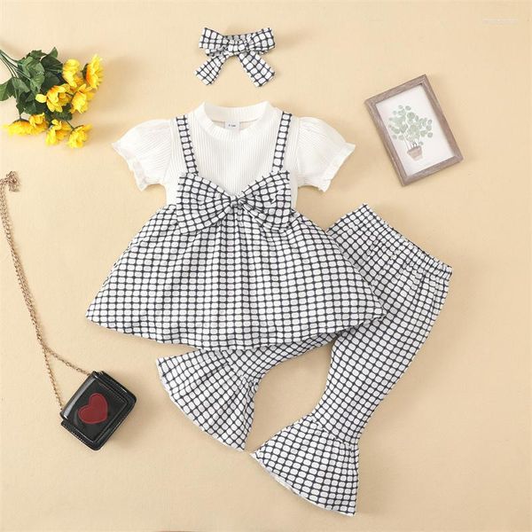 Ensembles de vêtements été enfant en bas âge infantile filles Patchwork jarretelle nœud haut robe et plaid botte coupe pantalon 3 pièces ensemble enfants bébé costume fille