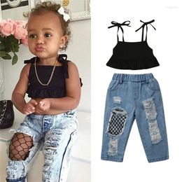 Ensembles de vêtements d'été pour bébés filles, vêtements de couleur unie, hauts sans manche, trous, pantalons en jean en résille, tenues de 1 à 6 ans