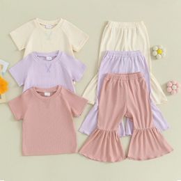 Ensembles de vêtements d'été pour bébés filles, t-shirts côtelés solides à manches courtes, pantalons évasés à volants, tenues décontractées