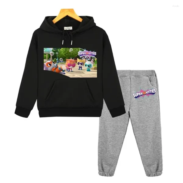 Ensembles de vêtements Super Kitties Sweat-shirt Anime Sweat à capuche Kids Boutique Veste décontractée Veste d'automne Pullover Y2K Hooded for Boys Girls