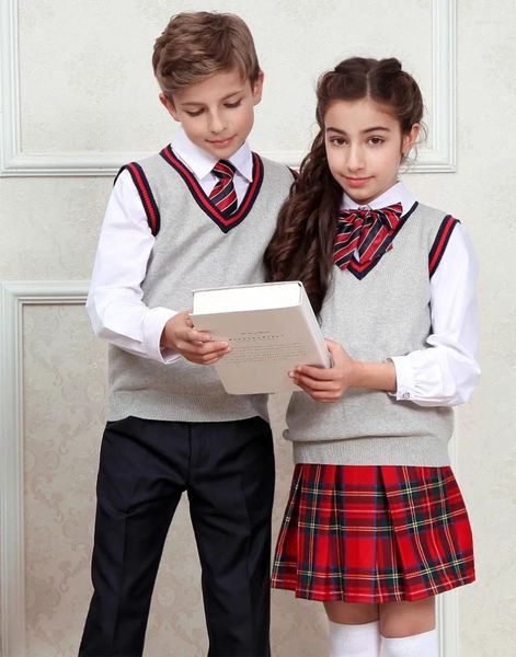 Conjuntos de ropa Suéter personalizado de fábrica Uniforme escolar para niños Chaleco de punto Sin mangas Uniformes a granel Gris Niños Manga larga Algodón