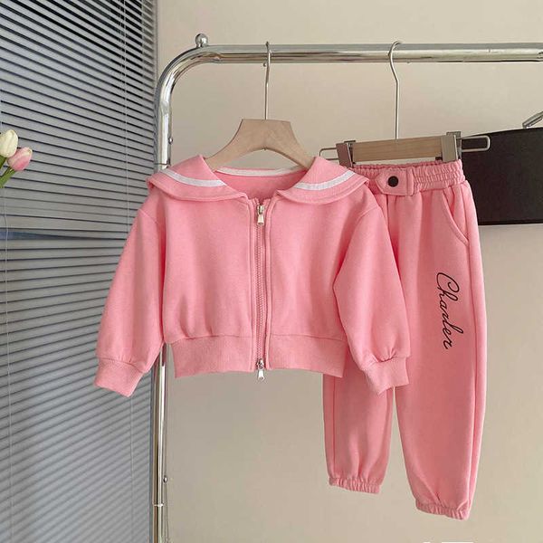 Ensembles de vêtements Sweat SURVÊTEMENT COSTUM Printemps Automne Enfants Filles Zipper Marine Col Dessin Animé Casual Costume De Sport Toddler Girl Vêtements Ensemble