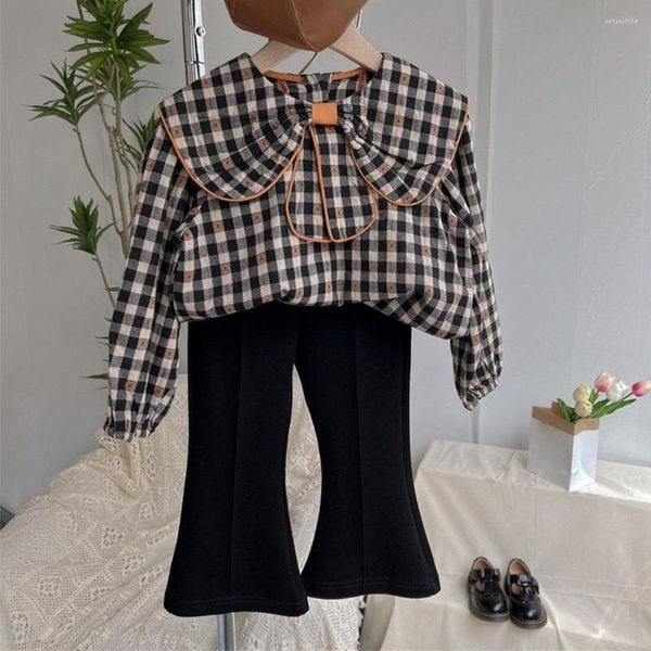 Conjuntos de ropa para niñas, traje a cuadros con lazo de algodón, camisas, camisa de manga larga, pantalones, trajes con cuello vuelto, Tops para bebés y niños pequeños, 2 uds.