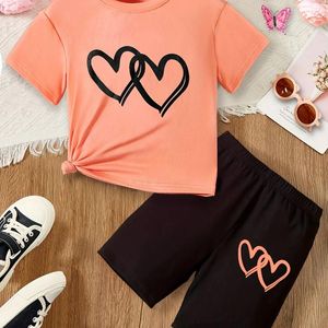 Kledingsets Sweet Girls hartpatroon korte mouw T-shirt strandbroek 2-delige set campus casual home pyjama's
