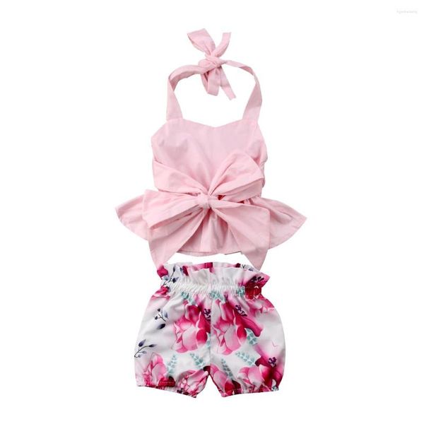 Conjuntos de ropa Sweet Pretty Summer Infant Baby Girls 2 piezas Estampado floral Rosa Cinturón sin mangas Bowknot Volantes Chaleco Tops Pantalones cortos