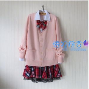 Ensembles de vêtements pour femmes douces, uniforme scolaire japonais Lolita, pull rose, Cardigan en treillis, jupe JK, vêtements d'extérieur, costume XXXLClothing