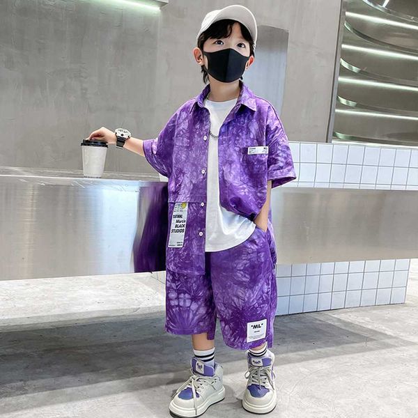 Ensembles de vêtements Ensembles de vêtements pour garçons adolescents pour l'été Chemises imprimées violettes Shorts 2 pièces Casual Enfants Coton Vêtements pour bébés Costumes Année